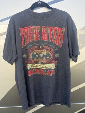 Vintage 90s Miller black single stitch striped Three Rivers Michigan tshirt L